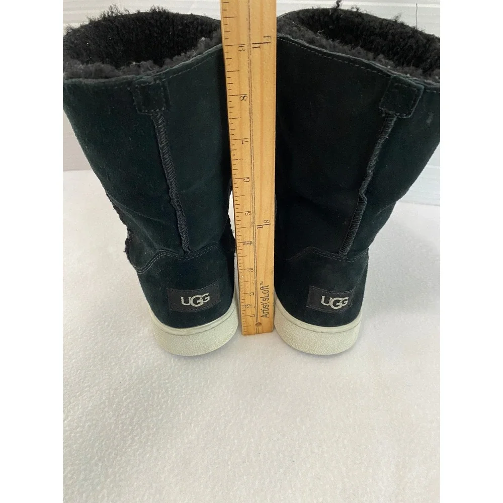 UGG 1094811 Mid Calf Boots Womens 10 Black Suede Faux Fur Lined Sneaker Sole